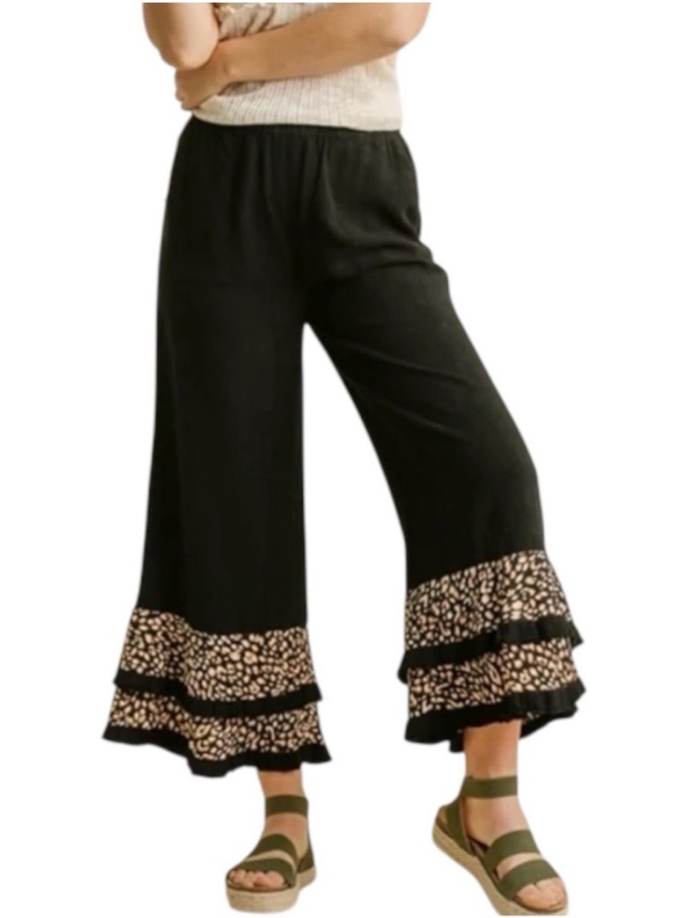 Umgee Black Wide Leg Ruffle Hem Pants Leopard Trim Boho Animal Print Size S